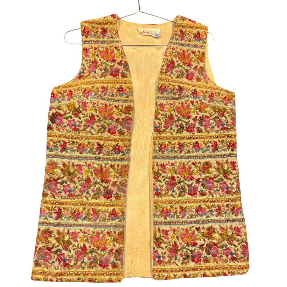 Vintage Aladdin Vest Large Multi Tapestry Floral Needlepoint Union Boho